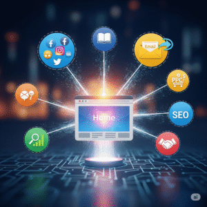 AI generated image illustrating the website as the center of a company's digital marketing strategy