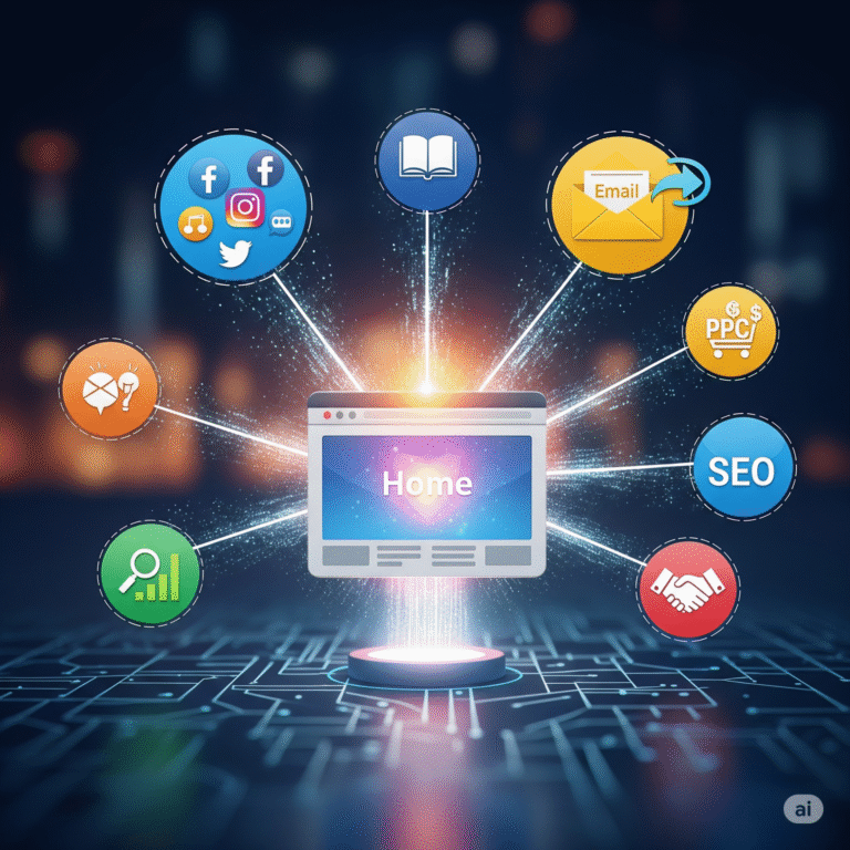 AI generated image illustrating the website as the center of a company's digital marketing strategy