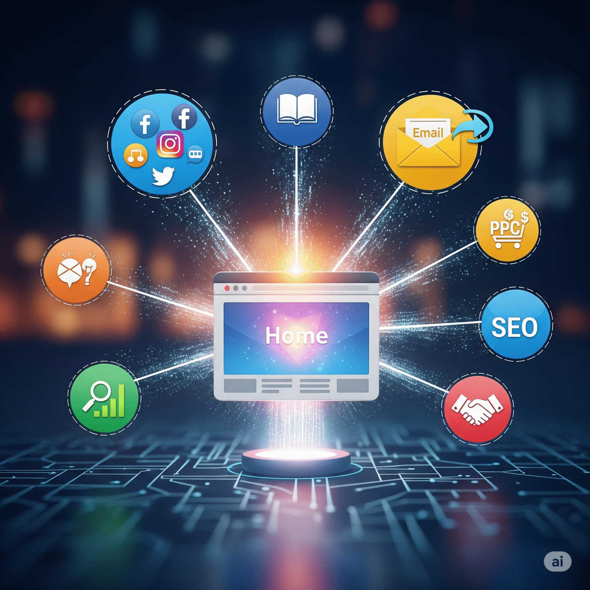 AI generated image illustrating the website as the center of a company's digital marketing strategy