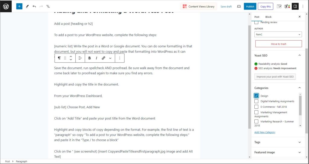 Screenshot of how to categorize your post